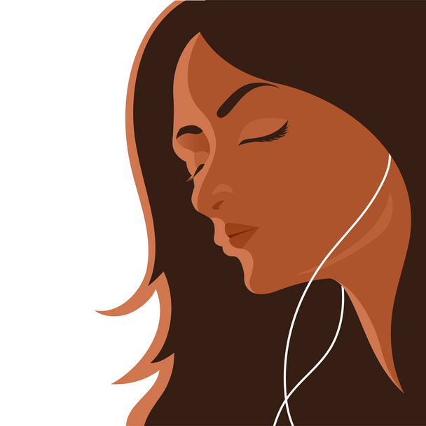 Krásná dívka poslouchá hudbu se sluchátky. Uvolněné vlasy a zavřené oči. Vektorová ilustrace ženského charakteru. - Vektor, obrázek