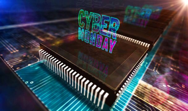Cyber Monday sale, digital shopping, business, marketing, online shop and retail promotion concept. Futuristic 3D icon flying over computer board circuit. Abstract background illustration. - Photo, Image