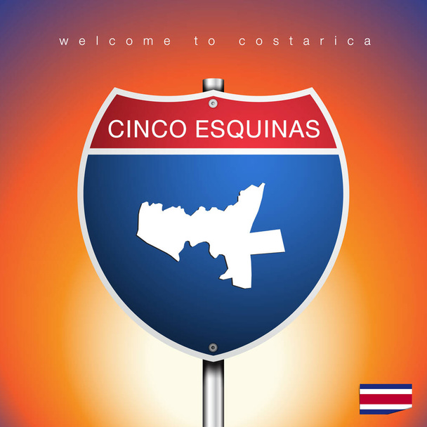 Sign Road America Style with state of Costarica with orange background and message, Cinco Esquinas and map, vector art image illustration - Вектор,изображение