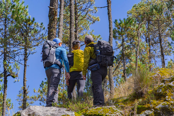 Male hikers climbing up mountain cliff team work concept - Fotó, kép