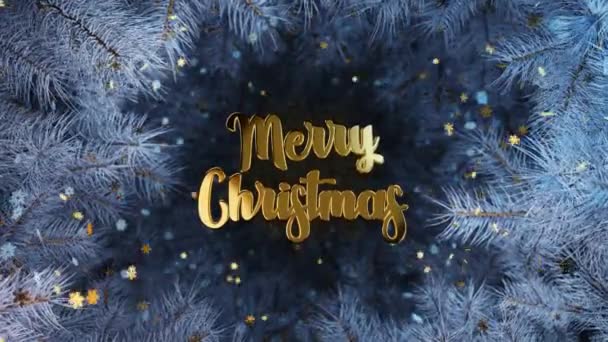 Uusi vuosi ja joulu 2021. Mobile kulta kirjoitus MERRY CHRISTMAS taustalla sininen joulukuusi oksat kultaa ja jäädytettyjä lumihiutaleita. 4K 3D silmukka animaatio - Materiaali, video