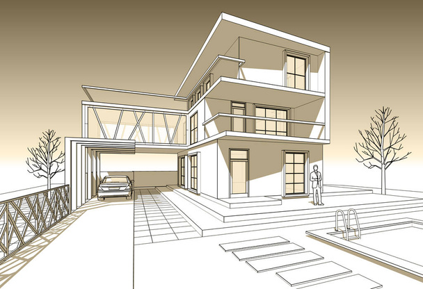 modern huis met console schets 3d illustratie - Foto, afbeelding