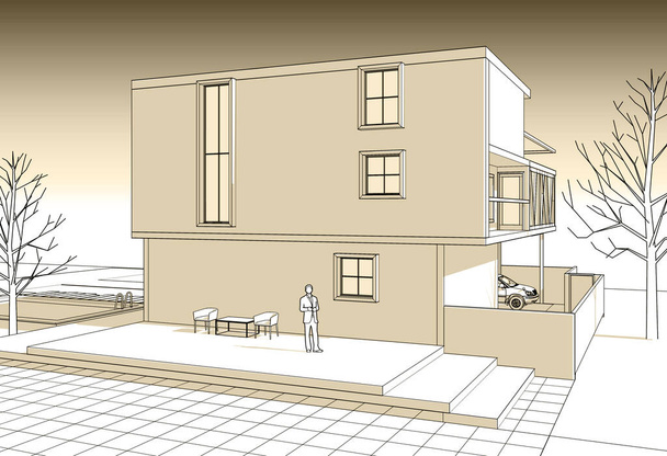 Modernes Haus mit Konsolenskizze 3D-Illustration - Foto, Bild