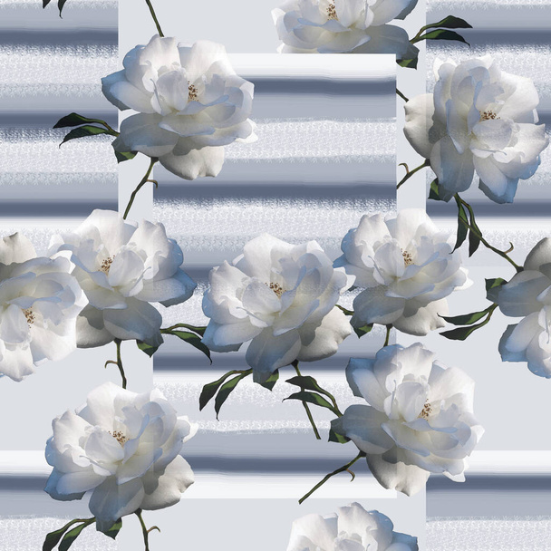 Photo flowers white rose with leaves. Floral composition. Seamless pattern on blue stripes background. - Foto, afbeelding