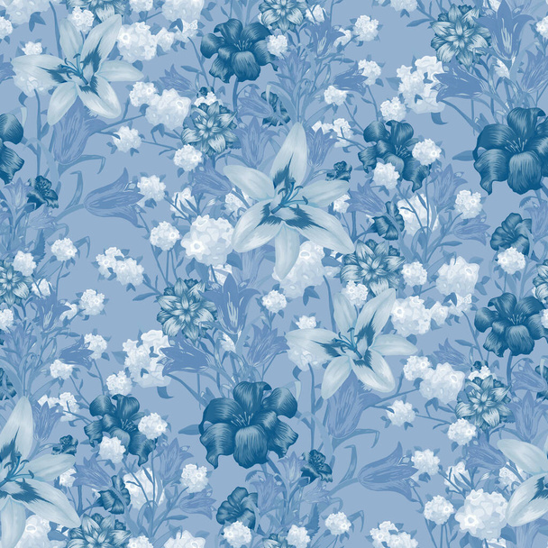 Floral Wallpaper with Big Flowers. Seamless Pattern with Lily, Bluebell and May-lily for Cloth Linen Dress. Colorful Rapport. Vector Seamless Flowers. Trendy Pattern. - Vetor, Imagem
