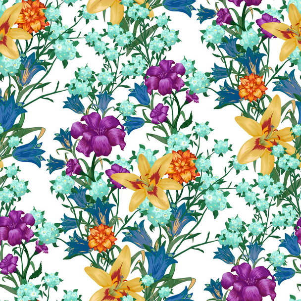 Floral Wallpaper with Big Flowers. Seamless Pattern with Lily, Bluebell and May-lily for Curtains Swimwear Dress. Vector Seamless Flowers. Modern Pattern. Colorful Rapport. - Vecteur, image