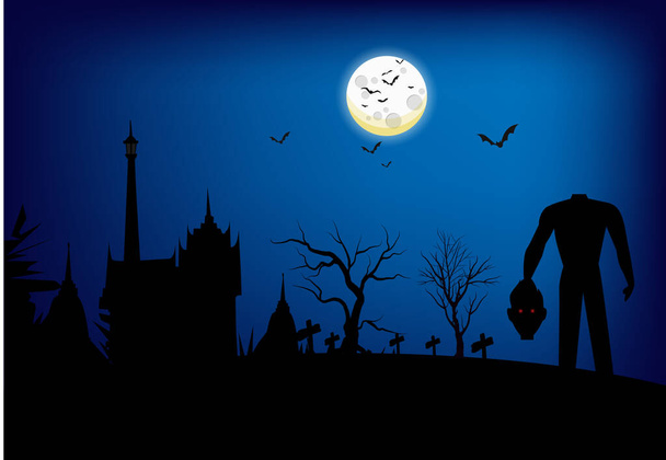 Feliz Halloween aterrador con fantasma sin cabeza Y la luna brilla brillantemente la noche - Vector, imagen