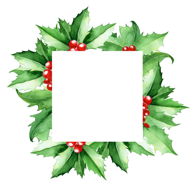 акварель квадратная рамка, граница с листьями падуба и ягодами. зеленые листья падуба на белом фоне. Рождественская открытка, украшение на праздники Новый год, Рождество - Фото, изображение