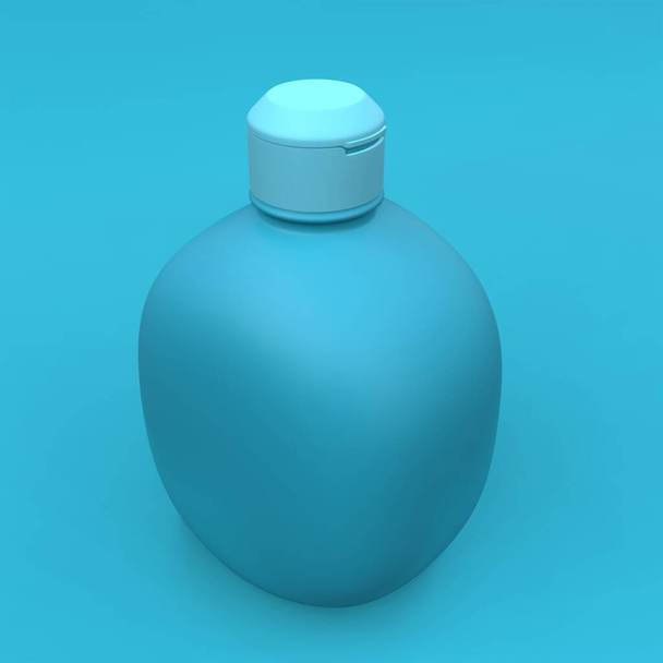 Elegante bottiglia cosmetica primo piano su sfondo blu. Moderno design di copertina. Illustrazione 3d. - Foto, immagini