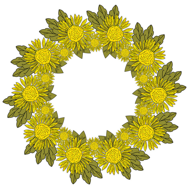 Een krans van gele bloemen en groene bladeren, heldere bloemen met kleine bloemblaadjes en een zwarte contour omtrek, gerangschikt in de vorm van een rond frame, vector illustratie voor design nad creativiteit - Vector, afbeelding