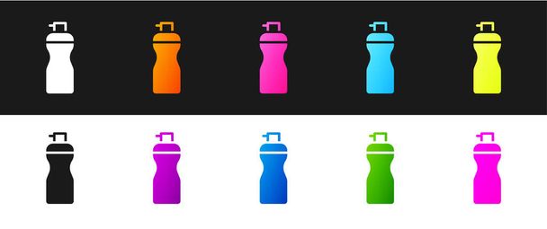 Zestaw Fitness shaker ikona izolowana na czarno-białym tle. Butelka z shakerem sportowym z wieczkiem na wodę i koktajle białkowe. Wektor. - Wektor, obraz