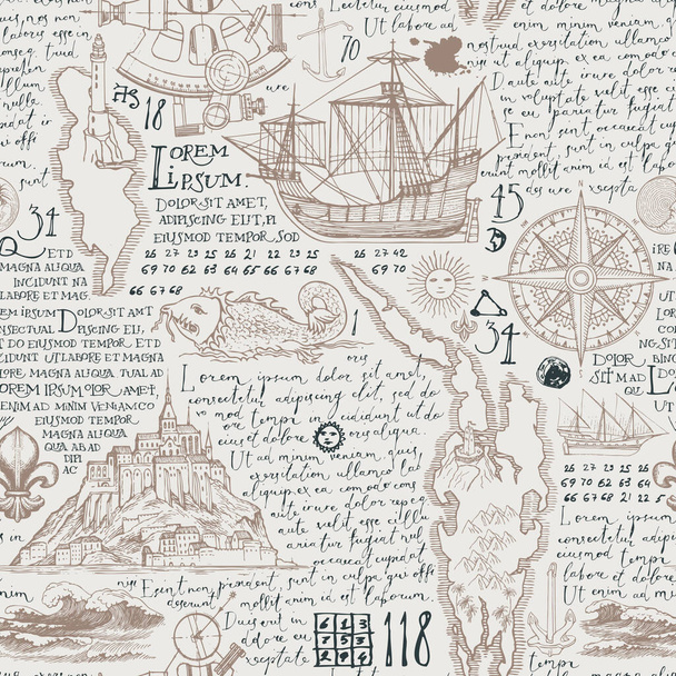 Old manuscript with handwritten text lorem ipsum and hand-drawn islands, sailboats, wind rose in vintage style. Vector abstract seamless pattern on the theme of travel, adventure and discovery - Vektor, kép