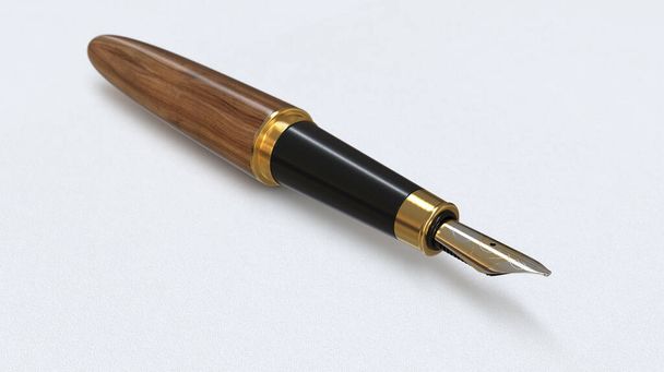 Detailní pohled na zdobené moderní plnicí pero vyrobené ze dřeva a zlata na bílém texturovaném papírovém povrchu - 3D vykreslení - Fotografie, Obrázek