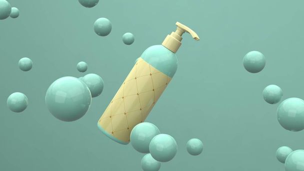 Elegante Kosmetikflasche mit Etikett in der Luft auf grünem Hintergrund mit schwebenden Kugeln. Modernes Cover-Design. 3D-Illustration. - Foto, Bild