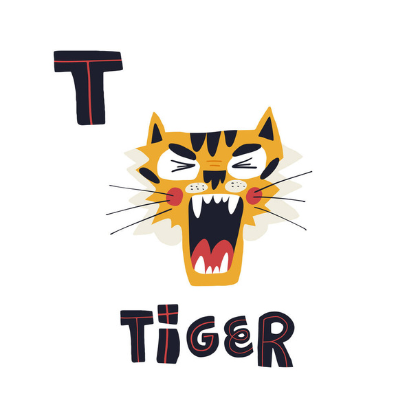 T letra y lindo divertido pequeño tigre rugiente hocico con la boca abierta. Diseño dibujado a mano vectorial con letras. - Vector, imagen