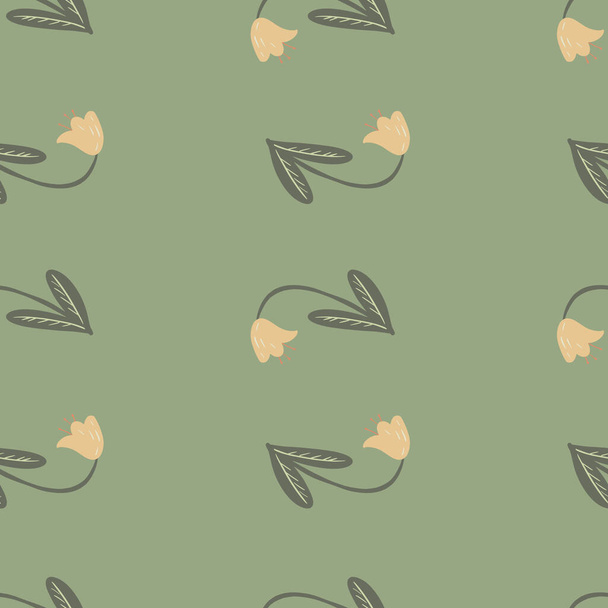 Skandináv varrat nélküli firka minta kontúros campanula virágokkal. Zöld háttér. Sápadt paletta rajz. Kiváló szövet tervezéshez, textilnyomtatáshoz, csomagoláshoz, borításhoz. Vektorillusztráció. - Vektor, kép