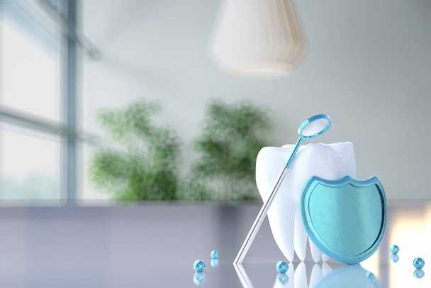 Pajzs fogászati tükörrel egy fog mellett. Fogászati ellátás koncepciója, rendszeres fogászati szűrés és kezelés. 3d illusztráció - Fotó, kép