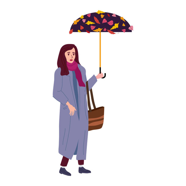 Jonge vrouw in het najaar park stad met paraplu, trendy kleding straat modieuze stijl outwear vrouw, herfststemming. Trendy vector stijl geïsoleerd - Vector, afbeelding