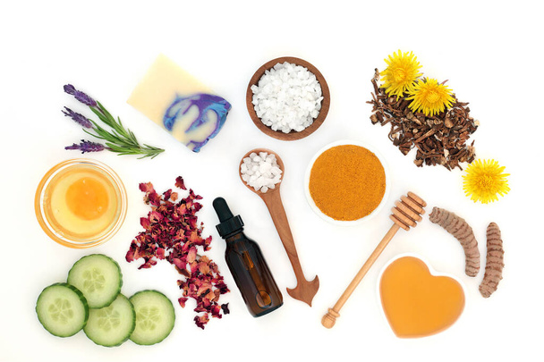 Natural skincare beauty treatment products used to treat skin ailments including sunburn, acne, psoriasis, eczema and helps to reduce environmental damage. Flat lay on white background. - Photo, Image