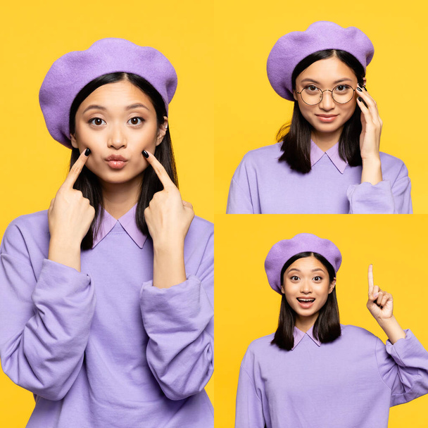 young asian woman in beret touching cheeks, smiling and pointing with finger isolated on yellow - Foto, imagen