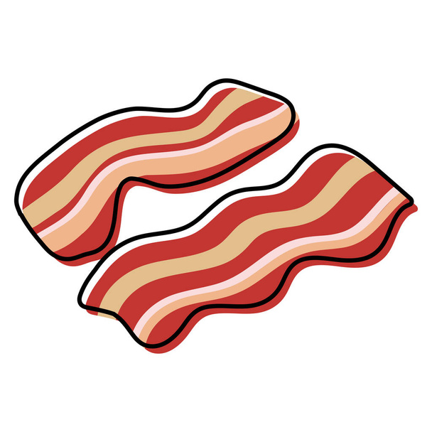 Two slices of wavy bacon on white background. Cartoony bacon strips roasted. Simplified, outline color filled vector illustration, isolated - Vector, Image