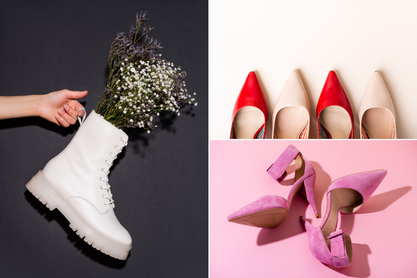 collage of elegant shoes and woman holding white boot with wildflowers - Photo, Image