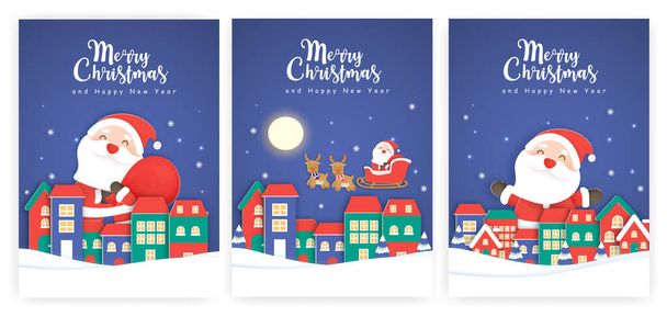 Set of Christmas cards  and new year greeting cards with a cute Santa clause in the snow village. - Vector, Image