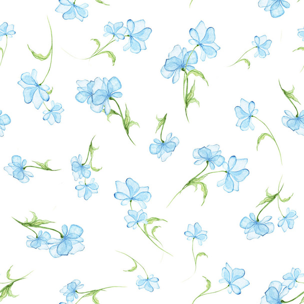 Płynnie delikatny wzór botaniczny z niebieskimi akwarelowymi kwiatami i zielonymi liśćmi. Ręcznie robiona ilustracja dla widokówki, tapety, papeterii, tkaniny. - Zdjęcie, obraz