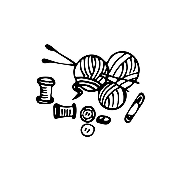 Набор рукописных каракулей. Принадлежности для вязания и вышивки. Ручной рисунок - Вектор,изображение