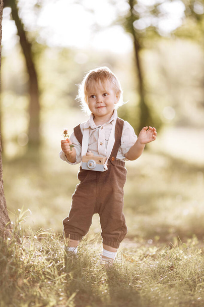 A small blond boy dressed in a vintage jumpsuit in a field at sunset, on a summer day. - Фото, изображение