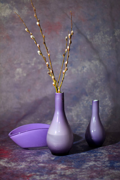 Beautiful pussy willow branches in purple decorative vases - 写真・画像