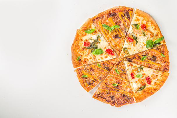 Verschiedene italienische amerikanische traditionelle Pizzascheiben. Scheiben leckerer Pizza auf hellem Hintergrund, Flachbild von oben - Foto, Bild