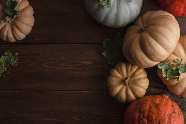 Thanksgiving background: Apples, pumpkins and fallen leaves on a wooden background. Copy space for text. Halloween, Thanksgiving, or seasonal fall. Design layout. Horizontal - 写真・画像
