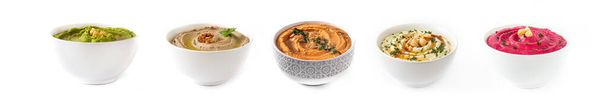 Set of different hummus isolated on white background. Panorama view - Photo, Image
