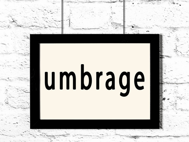 Black frame hanging on white brick wall with inscription umbrage - Photo, Image