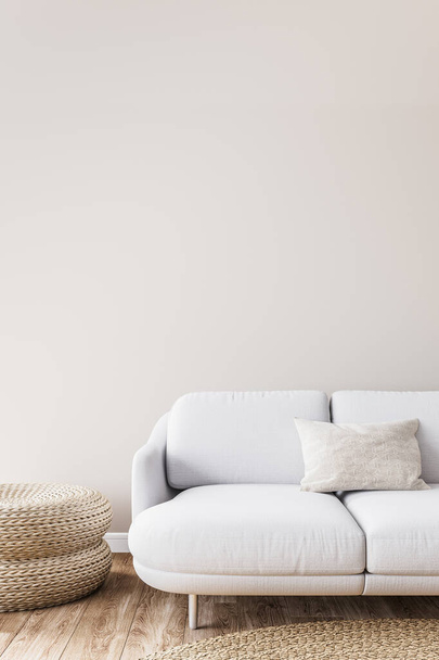 Diseño escandinavo de la sala de estar con mesa de ratán y sofá blanco sobre fondo beige. Diseño de interiores simple, 3d render - Foto, imagen