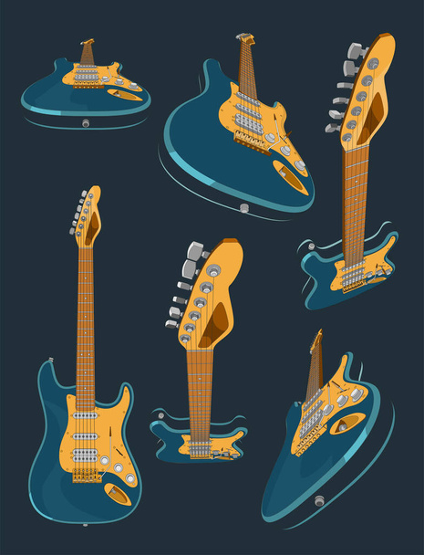 Set con 3d realistica chitarra elettrica colorata. Diverse angolazioni e proiezioni 3D della chitarra. Modello vettoriale 3d dell'illustrazione delle chitarre. Banner, poster, foto in stile vintage - Vettoriali, immagini