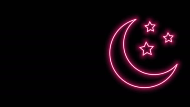 Brillante línea de neón Luna y estrellas icono aislado sobre fondo negro. Animación gráfica de vídeo 4K - Metraje, vídeo