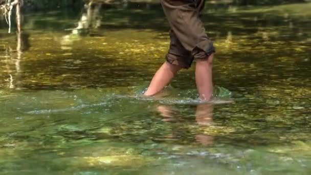 A boy is walking in the river and his pants don't get wet because the water is not that high. - Footage, Video