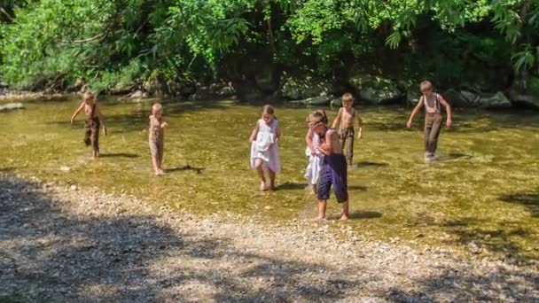 Les petits enfants s'amusent dans la rivière. Ils sourient et aiment être à l'extérieur par une si belle journée. - Séquence, vidéo