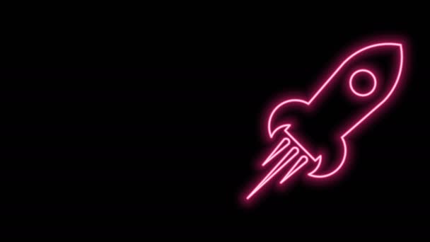 Gloeiende neon lijn Raket schip met vuur pictogram geïsoleerd op zwarte achtergrond. Ruimtevaart. 4K Video motion grafische animatie - Video