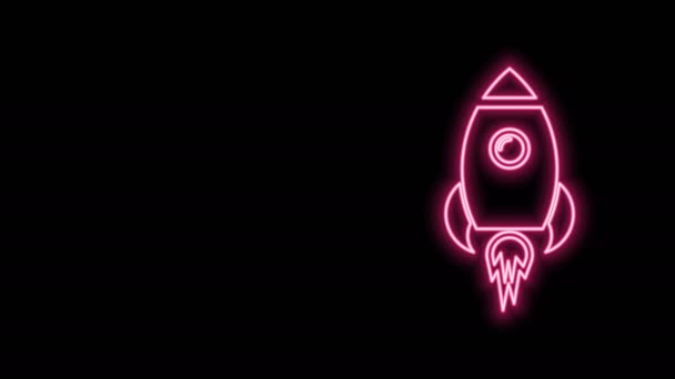 Linea neon incandescente Nave a razzo con icona del fuoco isolata su sfondo nero. Viaggi nello spazio. Animazione grafica 4K Video motion - Filmati, video