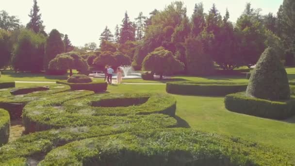 Mooie tuinen en een perfecte locatie voor bruiloften. Luchtfoto. - Video