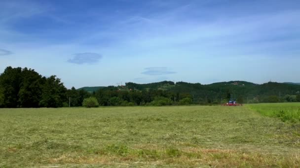 Een grote blauwe trekker rijdt in de verte over het veld. Een boer bereidt hooi voor. De dag is zonnig en heerlijk. - Video
