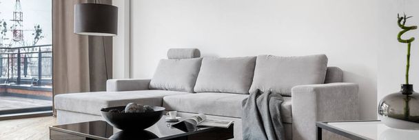 Panorama of living room with simple, gray corner sofa and black coffee table - Foto, imagen