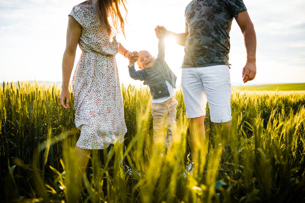 Happy family in the bright green grass at sunset. - Valokuva, kuva