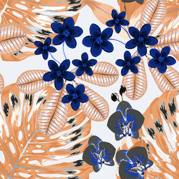 Aquarel naadloos patroon met tropische bladeren en bloemen. Mooie allover print met handgetekende exotische planten. Badmode botanisch ontwerp. Vector. Vintage exotische print. - Vector, afbeelding
