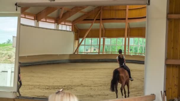 Mladá dívka cválá v koňském aréně pod dohledem svého kočáru. Její rodina ji také sleduje.. - Záběry, video