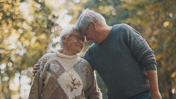 Felice coppia anziana in romantica passeggiata nel parco il giorno d'autunno - Foto, immagini