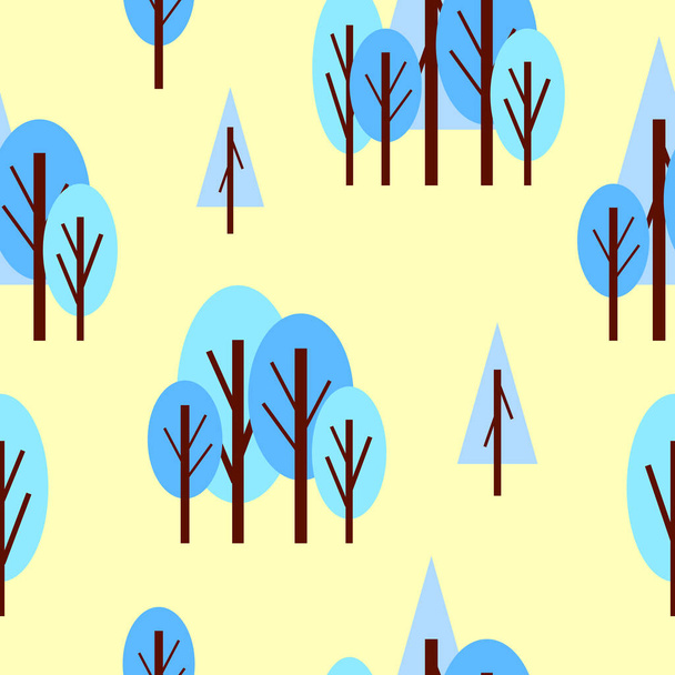 Saumaton kuvio talven sininen puita. Keltainen tausta. Sarjakuva tasainen tyyli. Puutarha tai metsä. Luonto ja ekologia. Hauskaa joulua. Postikortit, tapetti, tekstiili, leikekirja ja käärepaperi - Vektori, kuva